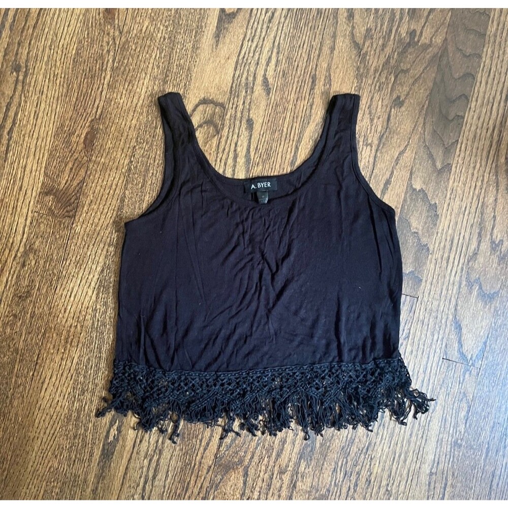 A. Byer Fringe Sleeveless Tassel Cropped Top in Black Size Medium